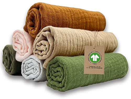 mimaDu - 6er Set Baby Musselin Tuch aus Bio-Baumwolle GOTS 25x25cm - Spucktücher für Junge & Mädchen - Handtücher zur Babypflege ideal als Spuchtuch, Musselintuch, Waschlappen, Mulltuch (Bunt, Earth)
