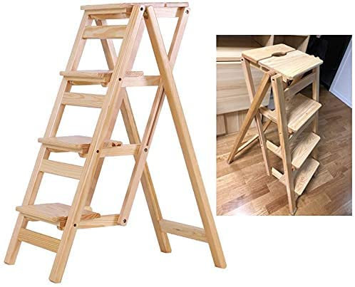 CHEMYO Indoor Climbing Stool,Ladders,Step Stool 3/4 Step Folding Step Ladder Household Stairway Ladder Chair (Wood Color 4 Layers)