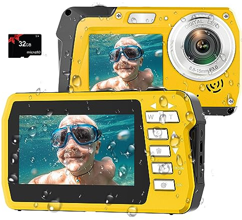 4K Underwater Camera with 32GB Card 11FT Waterproof Camera 48MP Autofocus IPS Dual-Screen(3/2) Selfie Underwater Cameras for Snorkeling, Digital Camera 1500mAh Battery Cover Easy to Open(Yellow)