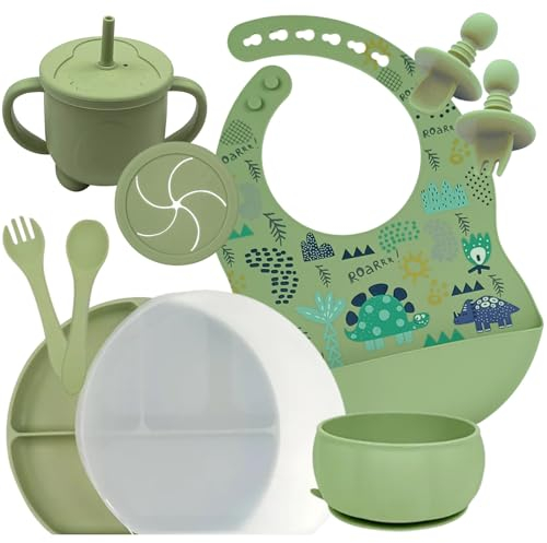 LAUTOKI ® | Vajilla Bebe de 11 Piezas | Vajilla Bebe Silicona sin BPA | Incluye: vaso aprendizaje, precucharas blw, babero silicona, plato ventosa, cuenco y tapa | Con caja regalo | Regalos para bebes