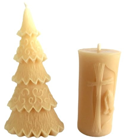 KANKAN - natürliche Bienenwachskerzen im Set: Tannenbaum und Stumpenkerze mit Kreuz - in dekorativer Verpackung