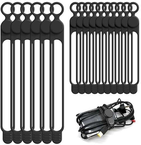 Nearockle 16 Stück Silikon Wiederverwendbare Kabelbinder, Wiederverschließbar Kabelmanagement für Handy Ladegerät, Kabel Organizer Set für Zuhause, Büro, Küche 10.7cm und 18cm(Schwarz)