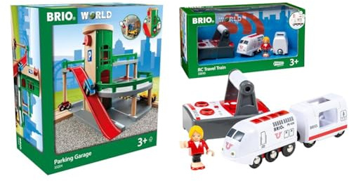 BRIO World 33204 - Parkhaus, Straßen & Schienen - Eisenbahnzubehör Holzeisenbahn & World 33510 IR Express Reisezug - Elektrische Lokomotive mit Fernsteuerung