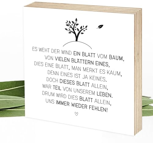 Wunderpixel® Holzbild Blatt vom Baum - Andenken an Verstorbene Trostgeschenk für Hinterbliebene & Trauernde zur Erinnerung als Trost-Spender 15x15x2cm Wand-Bild Aufsteller handgemacht