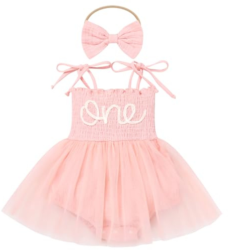 First Birthday Outfit Girl, Baby Girl's 1st Birthday Outfit I'm One Year Old Party Cake Smash Photo Shooting Props Spaghetti Strap Tutu Princess Romper Dress Headband Summer Sunsuit Pink 6-12 Months