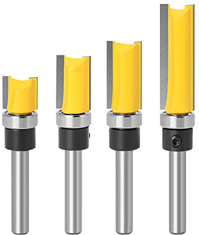 Bohaner 4 Pcs 1/4 Inch Shank Flush Trim Pattern Router Bit Set Professional Straight Flush Trim Tools Woodworking Template Router Cutter with Bearing Wood Top Woodworking Milling Tools