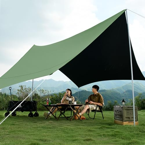 Campingzeltplane Mit 2 Stangen Tarp Wasserdicht Ultraleicht Mit 8 Nägeln Und 8 Seilen Tragbare Multifunktionale Camping Zeltplane Für Camping Picknick Wandern Hängematte, 4,5 X 4,5 M,Green