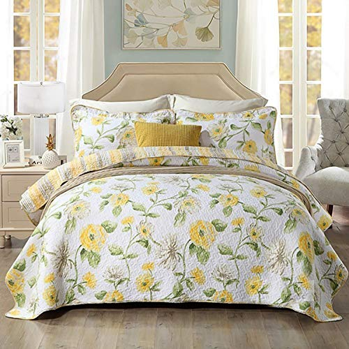 Gesteppte Tagesdecke für Doppelbett, gelb, 230 x 250 cm, hypoallergen, atmungsaktiv, Sommer, wendbar, mit 2 Kissenbezügen
