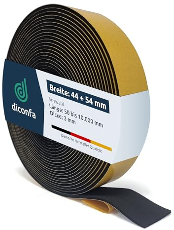 diconfa Dachfenster Dichtung schwarz kompatibel mit VELUX - WÄHLBAR Breite 44mm, 54mm - Länge 0,05m bis 10m - AUSWAHL: 44mm x 8000mm - Schaumdichtung selbstklebend Lüftungsklappe Holz Kunststoff