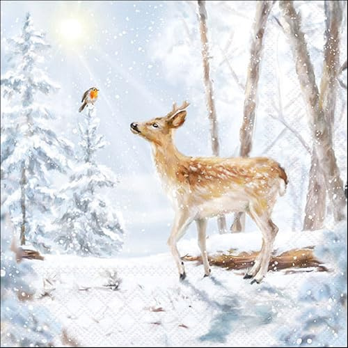 20 Servietten Winter Reh trifft Vogel im Winterwald als Tischdeko. Papierservietten mit Motiv. Auch für Decoupage und Serviettentechnik 33x33cm