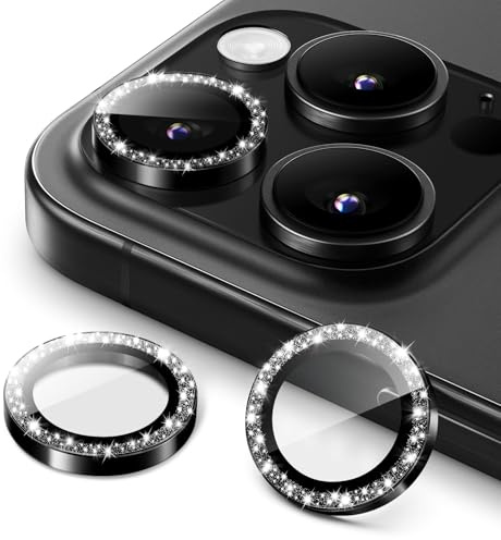 JETech Pellicola Protettiva Fotocamera per iPhone 16 Pro/16 Pro Max, Nero | 1 Set, Bling Glitter Singolo, Vetro Temperato 9H, Cover Anello Metallico, HD Trasparente