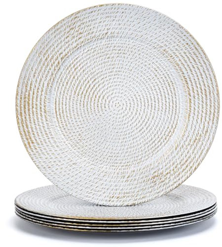 Kazozobi 13 White Round Charger Plates Set of 6, Plastic Rattan Chargers for Dinner Plate, Festival Tabletop Decor Table Setting Centerpiece Bulk Event, Party