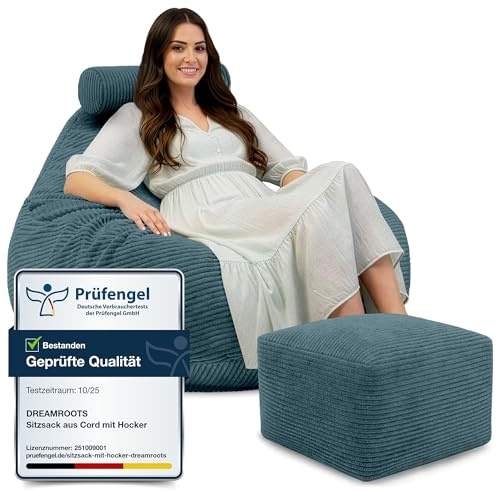 DreamRoots Sitzsack Erwachsene Cord 90x90x100 cm, Ocean Depths | Bean Bag Sofa, 90x90x100 cm, mit Hocker & Bezug, mit Füllung, waschbar, Teenager & Erwachsene