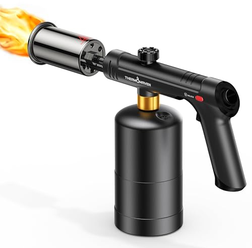 ThermoMaven Propane Torch with One-Touch Max Fire, Cooking Blow Torch Gun with Safety Lock, Charcoal Lighter, Flame Thrower, Gas Welding Kit Kitchen Food Torch Head for Grill, Sous Vide, BBQ, Black