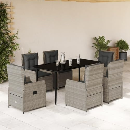 Verderoom Gartenmöbel Set 6 Verstellbare Hochlehner Stühlen mit Tisch Garten Sitzgruppe 6 Personen Rattan 6 Personen Polyrattan Gartenmöbel Set mit Kissen-Hellgrau-7-tlg