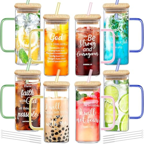 8 vasos de cristal con tapa de bambú y pajita, vasos de cerveza de 380 ml, vasos en forma de lata, vasos de café helado, vasos de cristal con asa y cepillos de limpieza para zumo, batidos, limonada