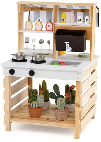 HOMASIS 2 en 1 Cuisine en Bois Double Face pour Enfants, Jouet d'Imitation pour Enfant avec Auvent, Evier Amovible, Réservoir d’Eau et Robinet, Ensemble de Cuisine d'Extérieur de Sapin, Naturel