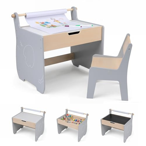 COSTWAY Mesa y Silla Infantil 3 en 1, Mesa Infantil con Silla de Madera con Pizarra de Doble Cara, Soporte para Rollo de Papel, Pupitre para Niños con Espacio de Almacenamiento para Dibujar (Gris)