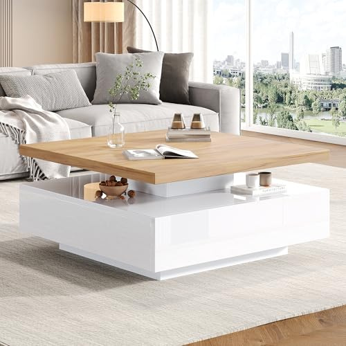 BTM Table Basse, 2 Niveaux Pivotante, Tiroir Rangement, Cadre Noyer, Coffee Table Salon Blanche Brillante, Blanc