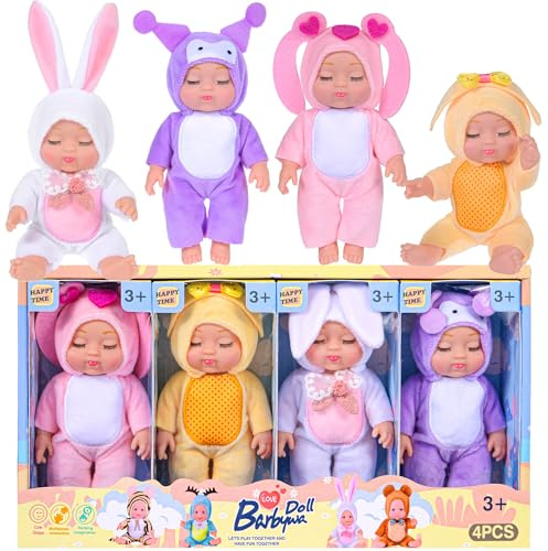 dollbie 4 Stück 7 Zoll Babypuppen mit entzückenden Tier-Themen Outfits - niedliche PVC Säuglingsfiguren Set in gelben Küken, weißen Hasen, rosa Hasen & lila Koala Kostüme - Geschenk für Mädchen 3+