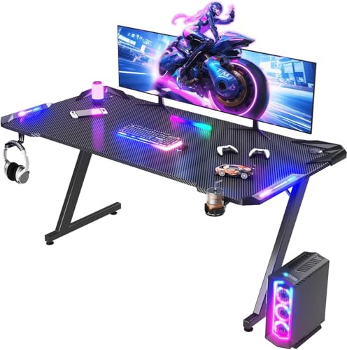 JUMMICO LED Mesa Gaming, 160 x 60 cm Ergonómico Mesa Gamer, Escritorio Gaming de Fibra de Carbono, Escritorio Gamer