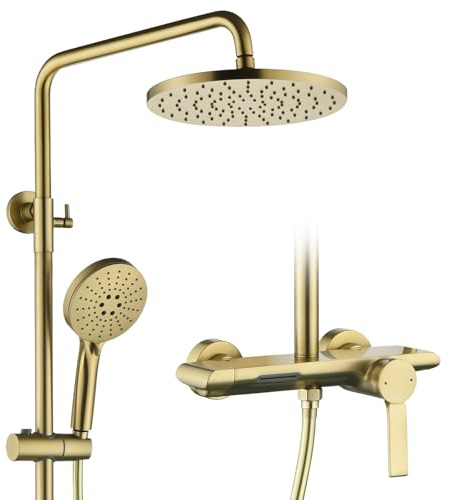 Duschsystem,3-in-1-Duschset Gebürstetes Gold,mit 260 mm runder Regenduschkopf,3 Modus Handbrause,und einem unteren Wasserauslass,360° Verstellbarer Regendusche Duschkopf,Multifunktionales Ablagefach