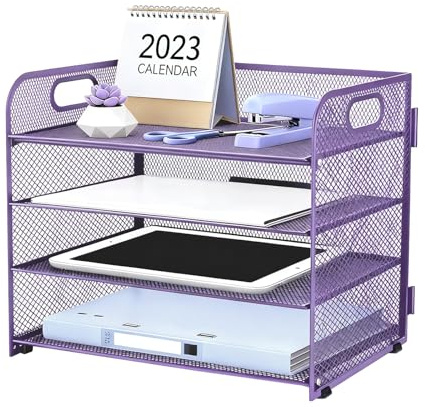 Bac à courrier en maille à 4 niveaux avec poignée, organiseur de papier pour format A4, pour bureau, maison, rangement de documents A4 (violet)