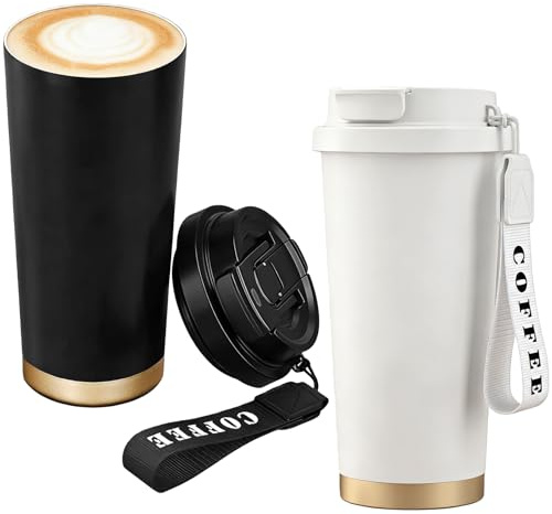 Set med 2 isolerade kaffemuggar, 530 ml, av rostfritt stål, 316, läckagesäker, isolerade kaffekoppar med lock och sugrör, isolerad mugg för vatten, kaffe, te, vit och svart