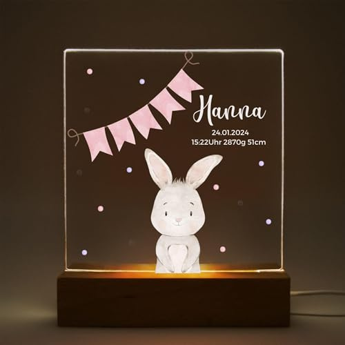 Mainely Nachtlicht Kinder personalisiert Lino Hase rosa Girlande – LED Nachtlicht Baby & Stilllicht – Schlummerlicht für Kinderzimmer – Lampe mit Namen – Personalisiertes Babygeschenk für Mädchen