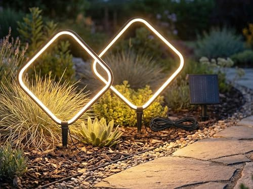 Arnusa Solar Gartenleuchten 2er Set – LED Solar Gartenstecker modern, Solarleuchte Garten Rauten Design warmweiß, Aluminium