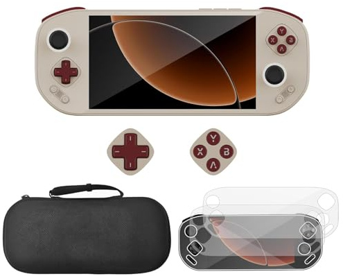 Tuvzylory Accessory Kit Compatible with MANGMI Pocket Max Handheld Console Tempered Glass Screen Protector Mechanical Button Caps Hard Shell Storage Bag Gaming Accessories Use (Brown)