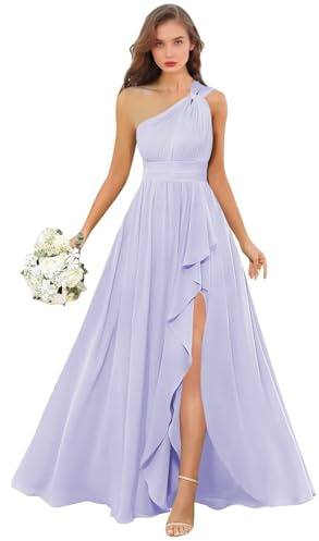 Vestido de dama de honor de gasa con un hombro descubierto, talla grande, largo con volantes, acampanado, vestido de invitada de boda, vestido de fiesta formal con abertura, Lila, 56 Grande