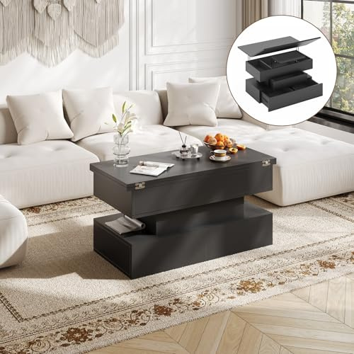 Cozynome Mesa de Centro Elevable y Extensible, Mesa de Centro Salon con 3 Cajones y Espacio de Almacenamiento Oculto, Mesa de Café o Mesa de Comedor, Adecuada para Sala y Oficina, Negro