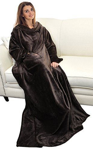 Catalonia Classy Wearable Blanket with Sleeves, Cozy Gift for Women Wife Girlfriend, Warm Soft Fleece TV Blanket with Arms for Sofa Couch, Gift for Her, 185 x 130 cm Brown