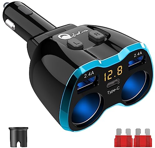 5-in-1 Auto Ladegerät: Zigarettenanzünder Verteiler Adapter Splitter 12V USB C KFZ Stecker 2 Fach Steckdose 12 Volt DC 80W mit LED Voltmeter Schalter Dual USB für Handy GPS Dash Kamera Sitzheizung