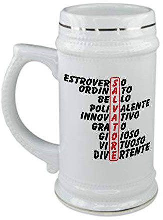 bubbleshirt Boccale da birra Compleanno - Salvatore e aggettivi simpatici - evento - in ceramica - capienza 50 cl - idea regalo