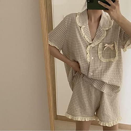 Yujun Korean Pyjama für Frauen Sommer Loungewear Nachtwäsche Sets Mädchen Sweet Plaid Revers Pyjama Kawaii Rüschen Pijama Japanese Home Suit