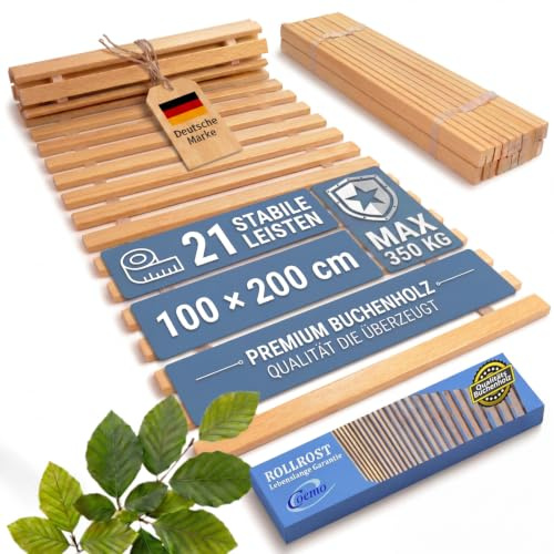 Coemo Rollrost Rolllattenrost 100 x 200 cm 21 ! extrastabile Leisten - Belastbar bis 350 kg - Ohne Montage - Lattenrost aus Buche Holz