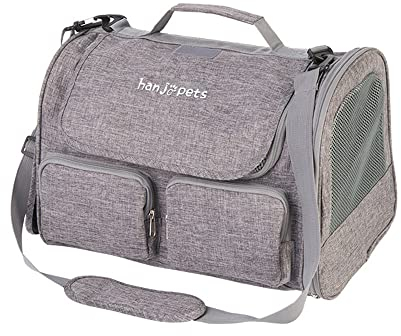 Katzentragetasche, Haustier Tragbare für Kleine Hunde von 13lbs, Fluggesellschaft Zertifiziert Faltbare Hundetasche Transportbox mit Schultergurt, Plüsch Matte und Hundenapf Grey