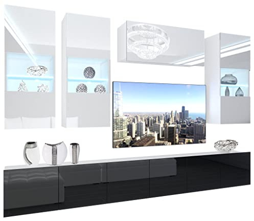 BELINI Wohnwand Schrankwand NEX 5 mit LED-Beleuchtung, Weiß/Schwarz | Vollausstattung Wohnzimmer-Set Moderne Schrankwand Anbauwand TV-Schrank