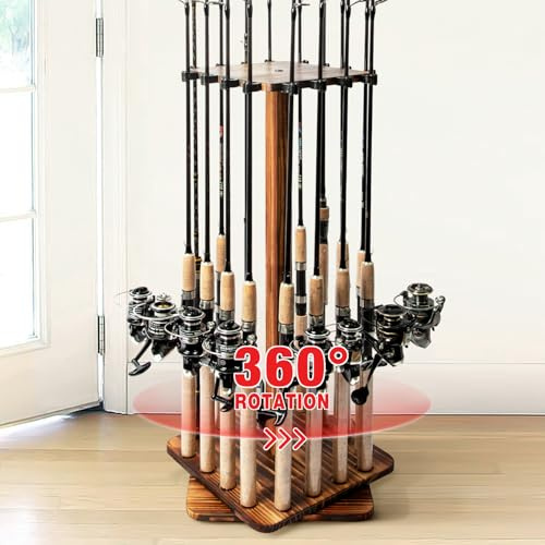 Ghosthorn Support de canne à pêche pour garage rotatif à 360 degrés, support de sol pouvant contenir jusqu'à 16 cannes à pêche en bois, cadeau de pêche pour homme et femme