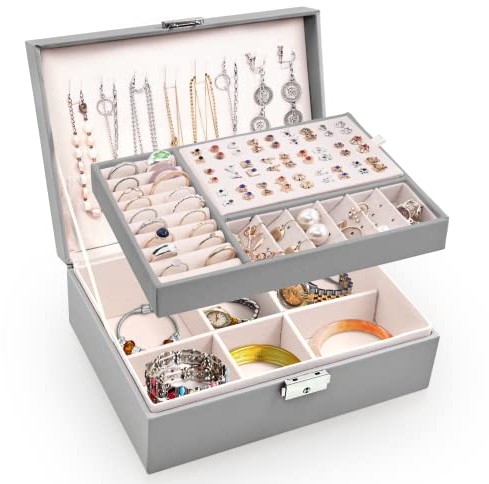 Larkumio Portagioie Donna Ragazza, Grande Porta Gioielli Bambina in Pelle PU a 2 Strati Scatole Portagioielli Cofanetto per Collane, Orecchini, Bracciali (Grigio)