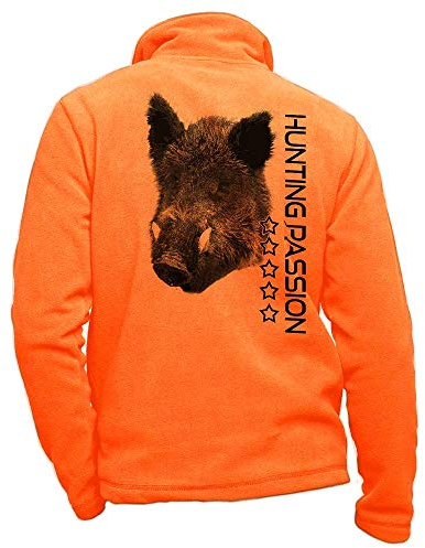 Pets-easy Jagdjacke aus orangefarbenem Fleece, personalisiert mit Wildschwein und Jagdleidenschaft - Jagdbekleidung in Größe M
