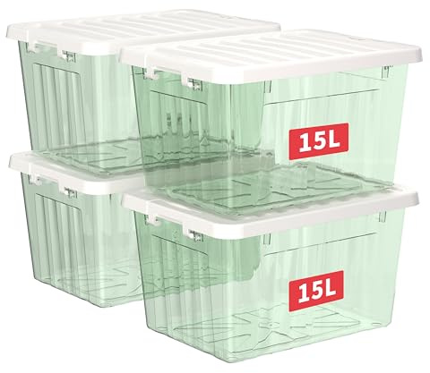 Cetomo 15L*4 Cajas de Almacenamiento con Tapas, Contenedores de Plástico con Broches de Enganche, Clip On, Apilables, Encajables, Organizador Rayado para Ropa Juguetes Armario, Verde Claro, 15L-4 Pack