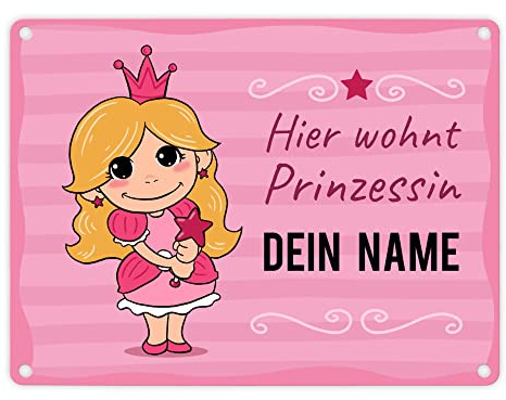 Hier wohnt eine Prinzessin Metallschild fürs Kinderzimmer - personalisiert mit deinem Namen - Geschenkidee für kleine Tochter die gerne in einem Schloss oder einer Burg leben würde und Kleider liebt