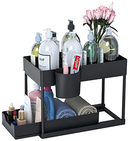 YOUXIU 2 Etagen Unter Waschbecken Regal,Spülschrank Organizer Küchen Organizer mit 4 Haken und 1 Tasse Gewürzregal Unterschrank Schiebeschublade Küchenregal Schrank Organizer Arbeitsplatte