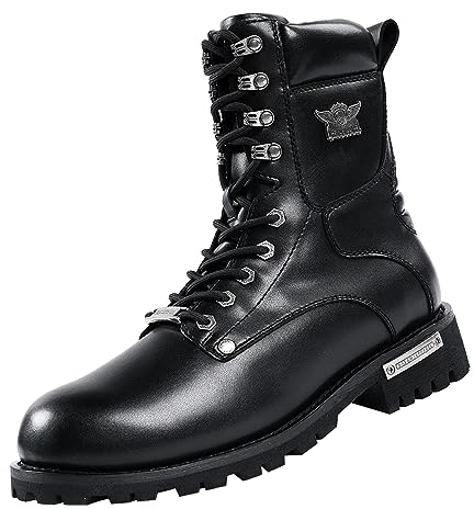 Dream Apparel Mens Motorcycle Boots for Riding Biker with Side Zipper, Waterproof Black Faux Leather Biker Boots Ankle Booties, Lace Up Military Combat Booties with Low Heel, Size 9
