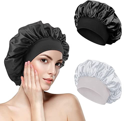2 Stück Nachtmütze aus Satin mit breitem Stretchband, Kopfbedeckung, Satinmütze, elastische Seide, für Damen und Mädchen (Schwarz, Weiß)