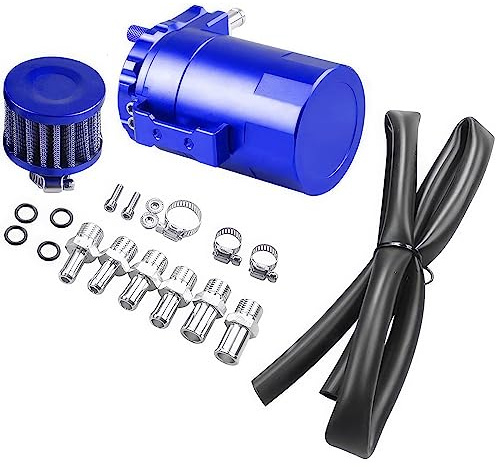 Oil Catch Can Auto, 300ml Réservoir pour Véhicule en Aluminium, Universel Bidon d'Huile Voiture avec Filtre à Air, 2 Ports, Tuyau et kit d'Accessoires(Blue)