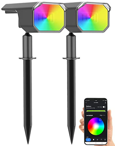Luminea Home Control Gartenstrahler Solar: 2er-Set smarte Solar-Spots, RGB-CCT-LED, 100 lm, 2.200 mAh, 1 W, IP65 (LED Solarstrahler mit Erdspieß, Erdspießstrahler, iPad)